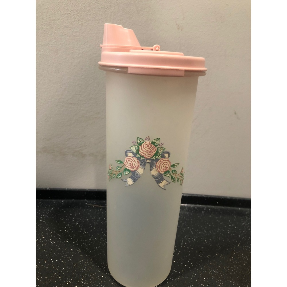 Vintage Tupperware 30oz Tumbler Pink Mauve Floral Rose Flip Top Mixer Shaker